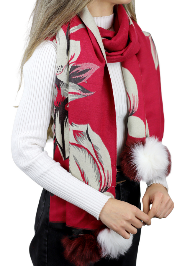 la fiorentina La Fiorentina Garden Print Wrap with Fur Poms - Red/Ivory