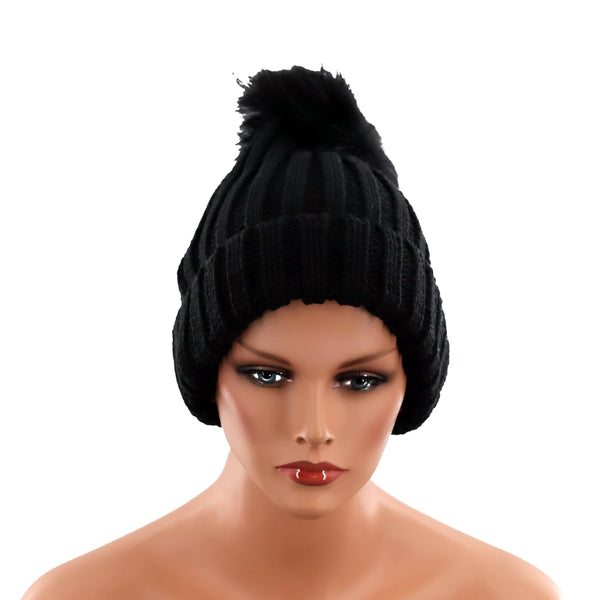 La Fiorentina KNITTED HAT WITH FUR POM - BLACK