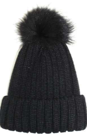 La Fiorentina KNITTED HAT WITH FUR POM - BLACK