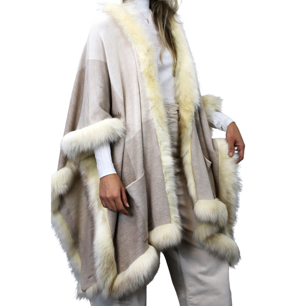 La Fiorentina Knitted Wrap With Faux Trim-Beige