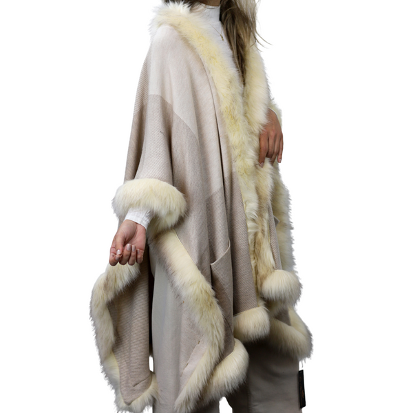 La Fiorentina Knitted Wrap With Faux Trim-Beige