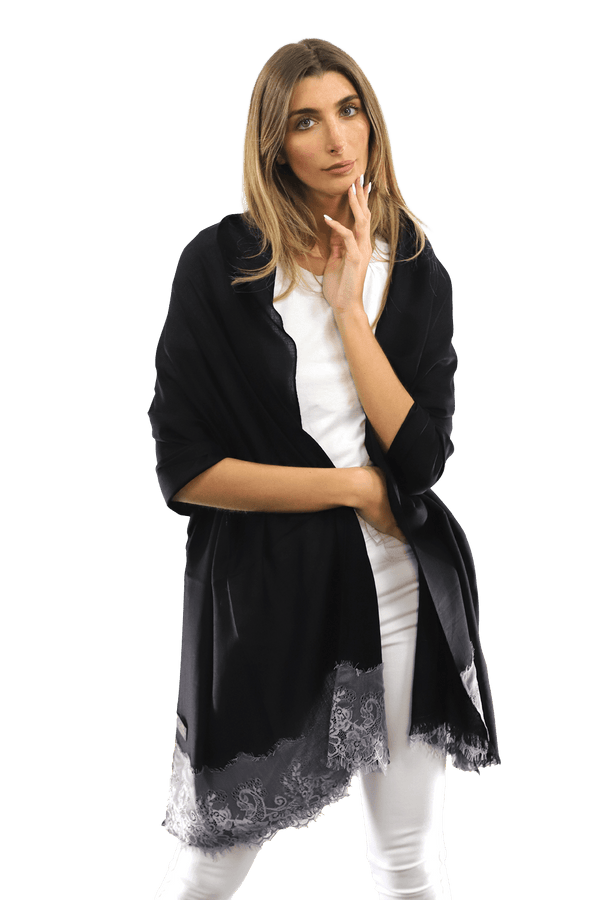 La Fiorentina Lace Trim Scarf-Black/Grey