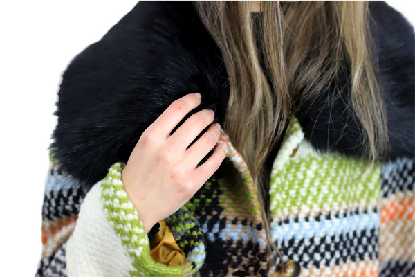 La Fiorentina La Fiorentina Long Plaid Wool Coat W/ Faux Fur Trim - Ivory/Black