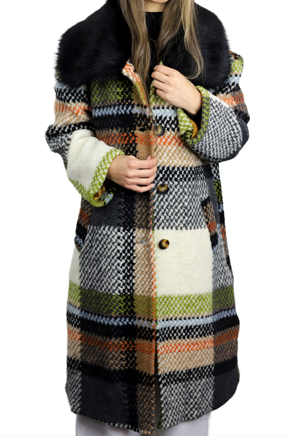 La Fiorentina La Fiorentina Long Plaid Wool Coat W/ Faux Fur Trim - Ivory/Black
