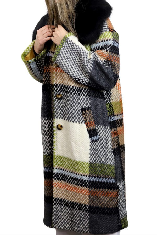 La Fiorentina La Fiorentina Long Plaid Wool Coat W/ Faux Fur Trim - Ivory/Black