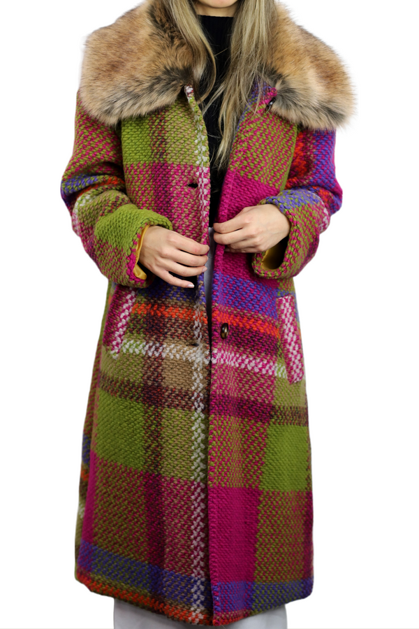 La Fiorentina La Fiorentina Long Plaid Wool Coat W/ Faux Fur Trim - Fuchsia/Camel