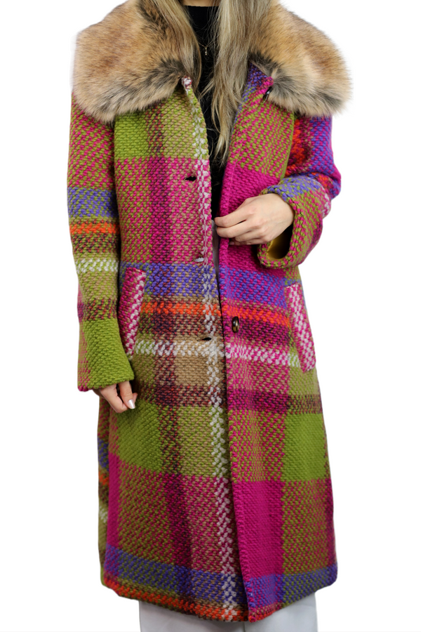 La Fiorentina La Fiorentina Long Plaid Wool Coat W/ Faux Fur Trim - Fuchsia/Camel