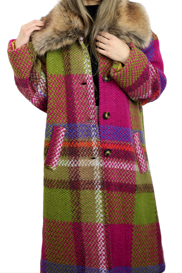 La Fiorentina La Fiorentina Long Plaid Wool Coat W/ Faux Fur Trim - Fuchsia/Camel