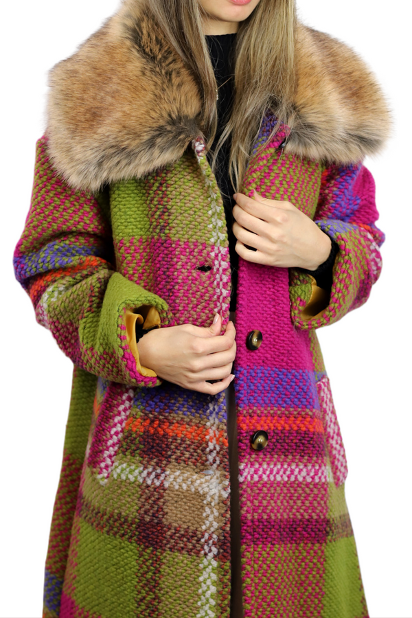 la fiorentina La Fiorentina Long Plaid Wool Coat w/ Faux Fur Trim - Fuchsia/Camel