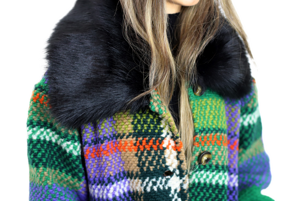 La Fiorentina La Fiorentina Long Plaid Wool Coat W/ Faux Fur Trim- Green/Black