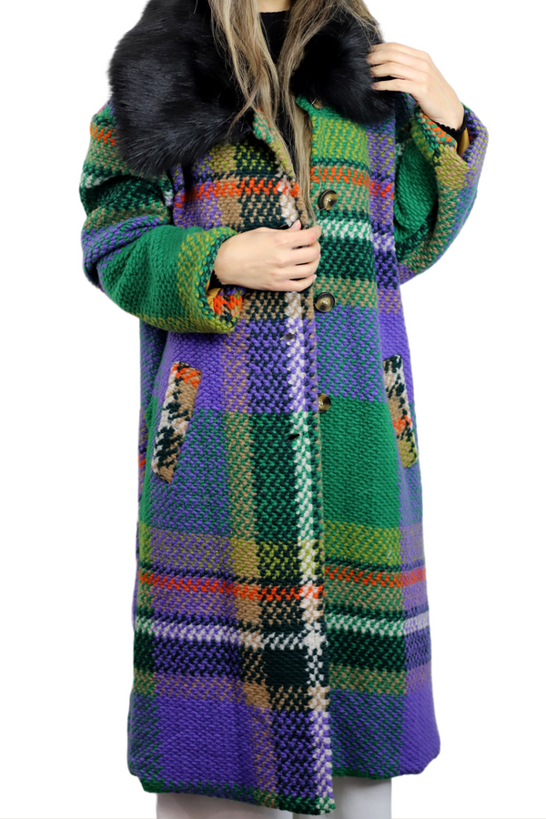 La Fiorentina La Fiorentina Long Plaid Wool Coat W/ Faux Fur Trim- Green/Black