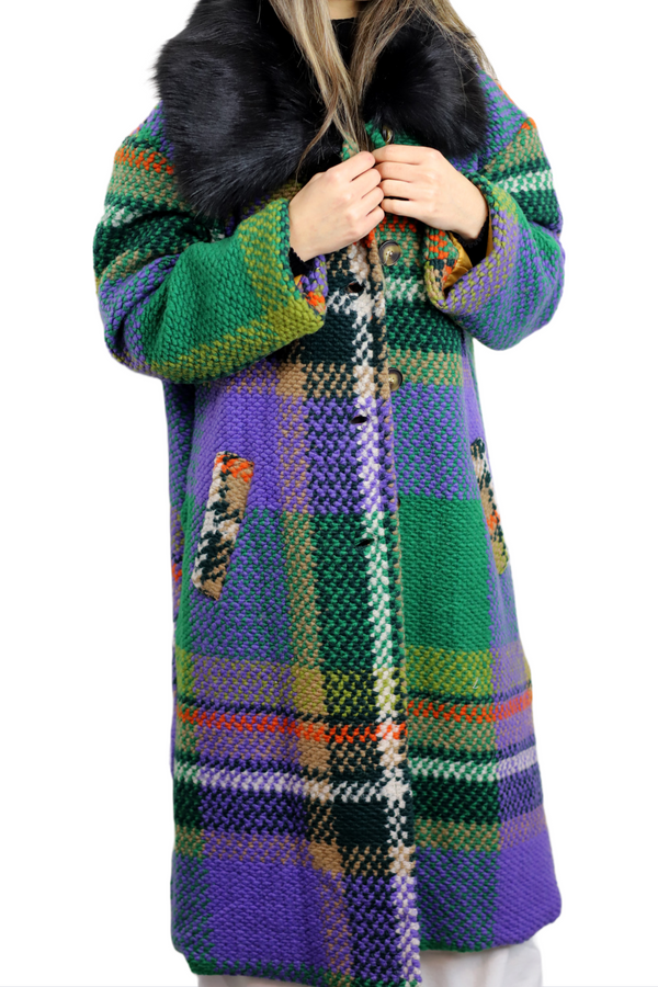 La Fiorentina La Fiorentina Long Plaid Wool Coat W/ Faux Fur Trim- Green/Black