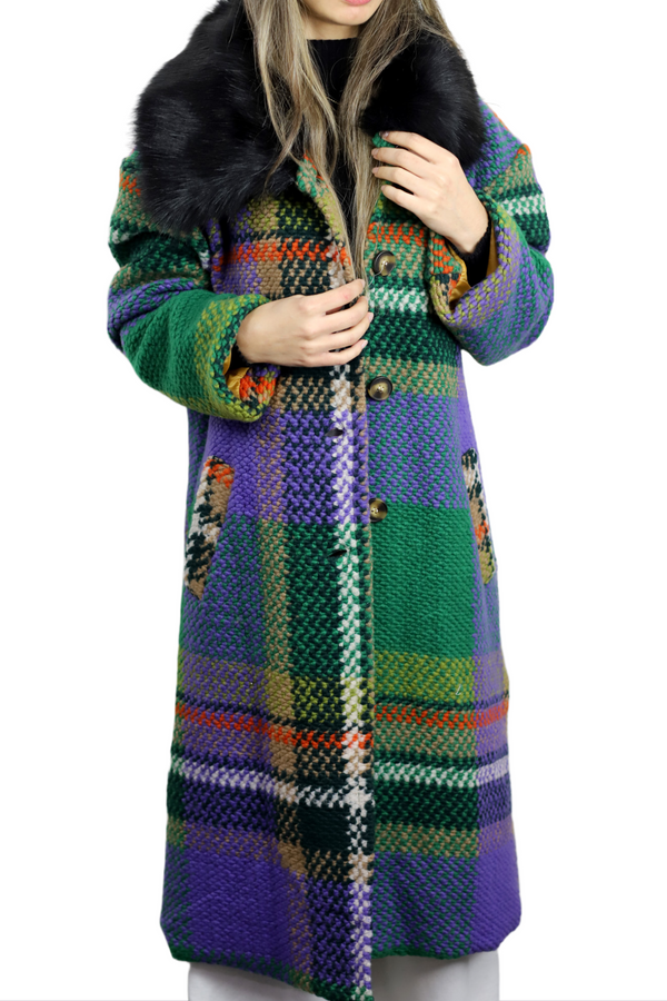 la fiorentina La Fiorentina Long Plaid Wool Coat w/ Faux Fur Trim- Green/Black