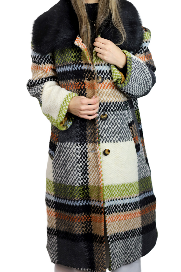la fiorentina La Fiorentina Long Plaid Wool Coat w/ Faux Fur Trim - Ivory/Black