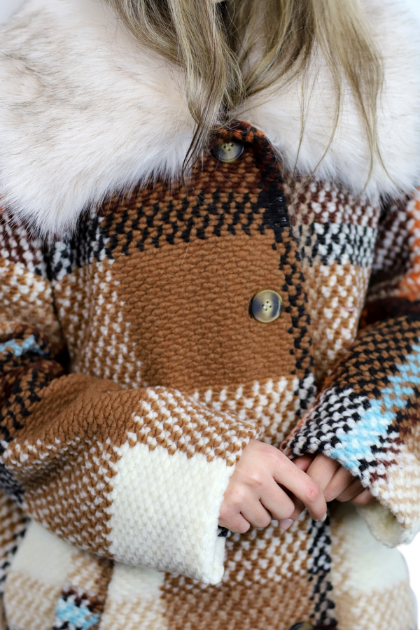 La Fiorentina La Fiorentina Mid Length Plaid Wool Coat W/ Faux Fur Trim - Brown/Ivory