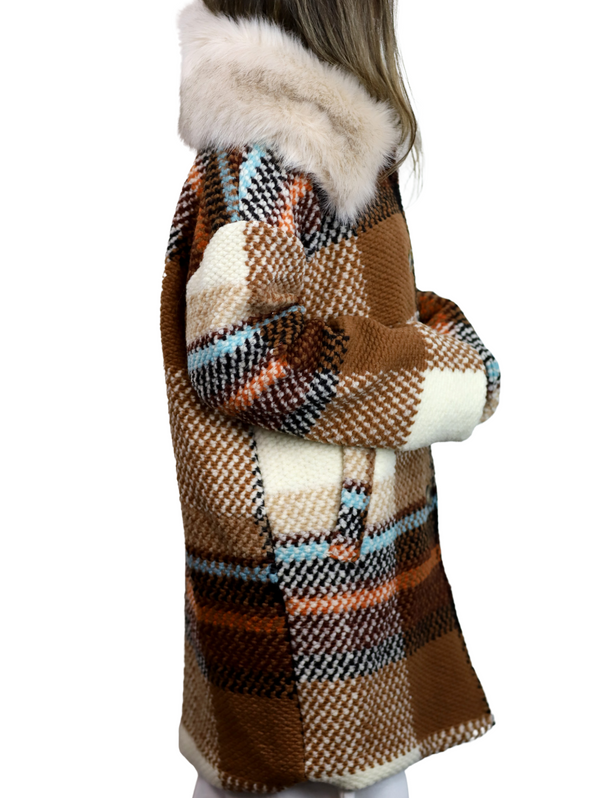La Fiorentina La Fiorentina Mid Length Plaid Wool Coat W/ Faux Fur Trim - Brown/Ivory