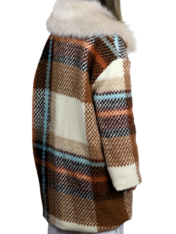La Fiorentina La Fiorentina Mid Length Plaid Wool Coat W/ Faux Fur Trim - Brown/Ivory