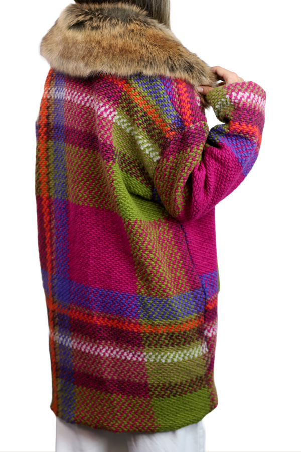 La Fiorentina La Fiorentina Mid Length Plaid Wool Coat W/ Faux Fur Trim- Fuchsia/Camel