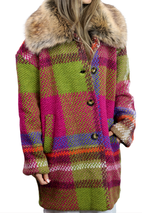 La Fiorentina La Fiorentina Mid Length Plaid Wool Coat W/ Faux Fur Trim- Fuchsia/Camel