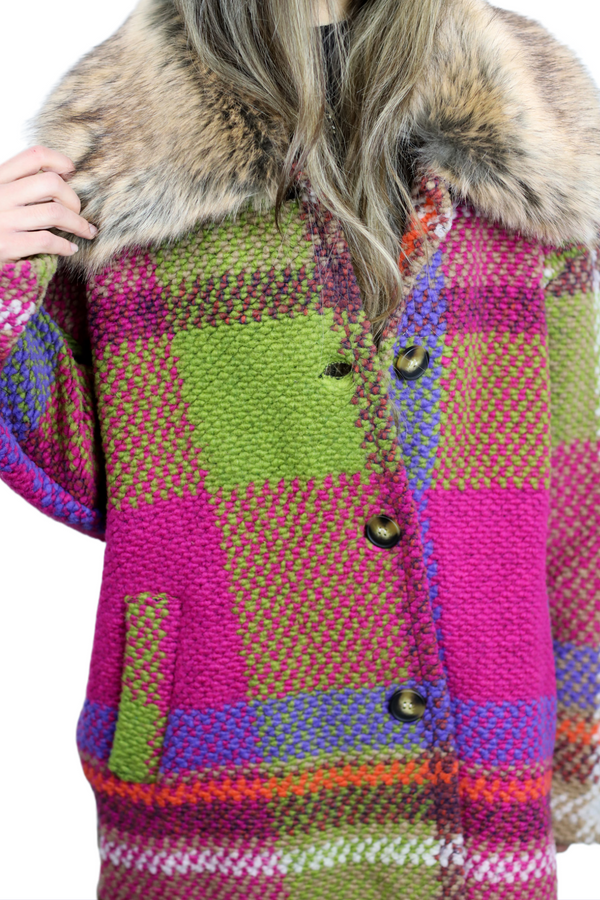 la fiorentina La Fiorentina Mid Length Plaid Wool Coat w/ Faux Fur Trim- Fuchsia/Camel