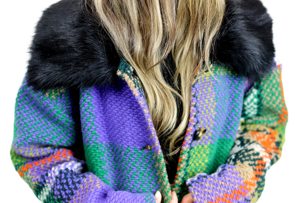 La Fiorentina La Fiorentina Mid Length Plaid Wool Coat W/ Faux Fur Trim- Green/Black