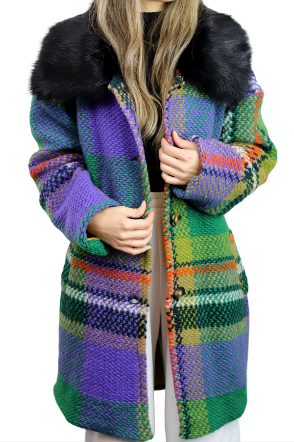 la fiorentina La Fiorentina Mid Length Plaid Wool Coat w/ Faux Fur Trim- Green/Black