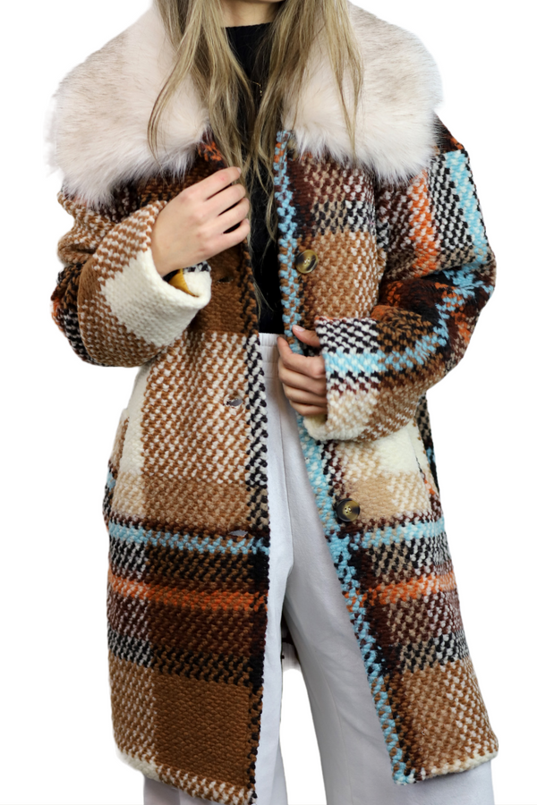 la fiorentina La Fiorentina Mid Length Plaid Wool Coat w/ Faux Fur Trim - Brown/Ivory