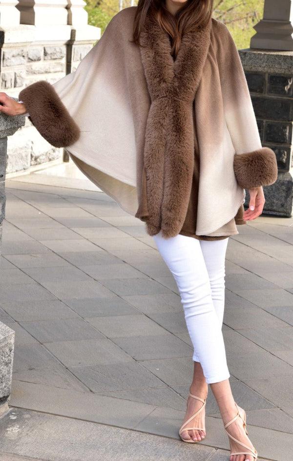 La Fiorentina La Fiorentina Ombre Cape With Faux Trim - Camel