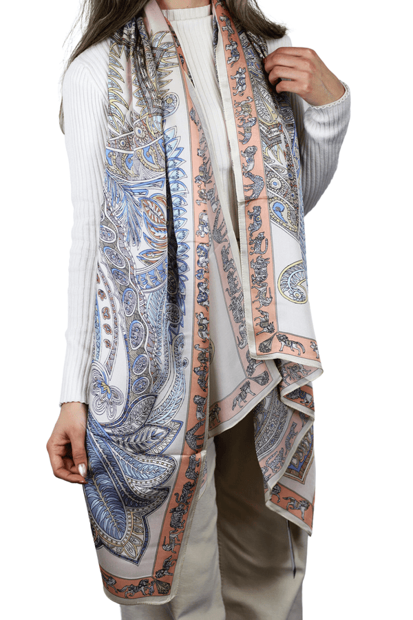 La Fiorentina Paisley Print 100% Silk Scarf - Beige