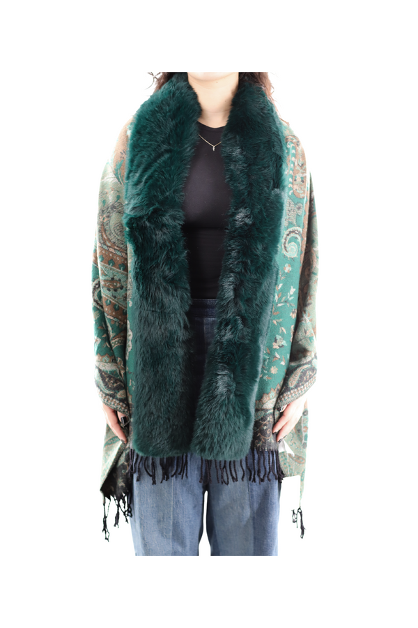 La Fiorentina Paisley Wrap W/ Faux Fur Trim - Green