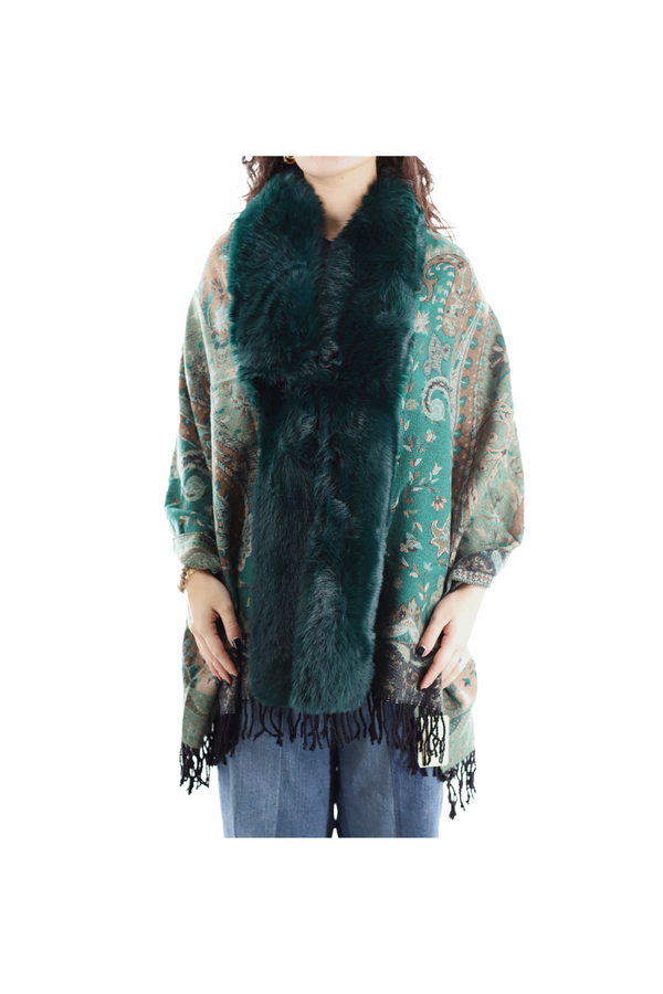 la fiorentina Paisley Wrap w/ Faux Fur Trim - Green