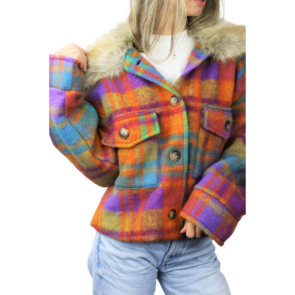 La Fiorentina Plaid Cropped Jacket W/ Trim - Orange