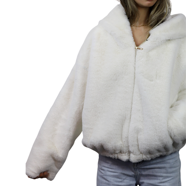 La Fiorentina Plush Faux Fur Bomber Jacket - Ivory