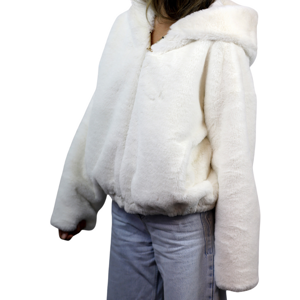 La Fiorentina Plush Faux Fur Bomber Jacket - Ivory