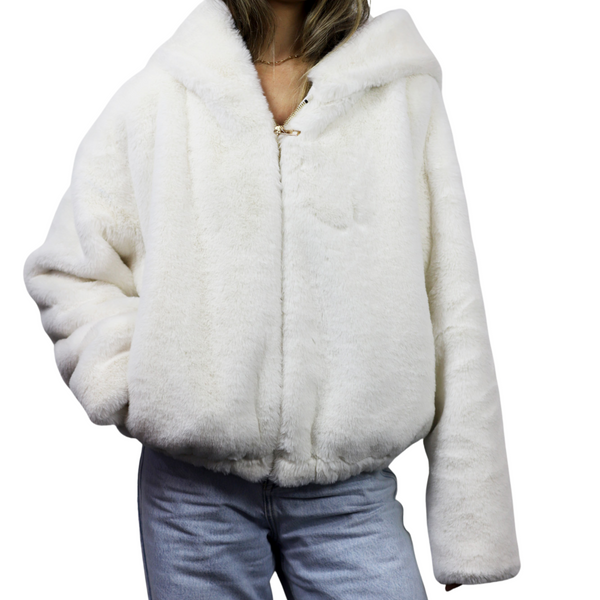 la fiorentina Plush Faux Fur Bomber Jacket - Ivory