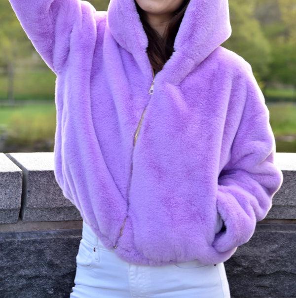 La Fiorentina Plush Faux Fur Bomber Jacket - Purple