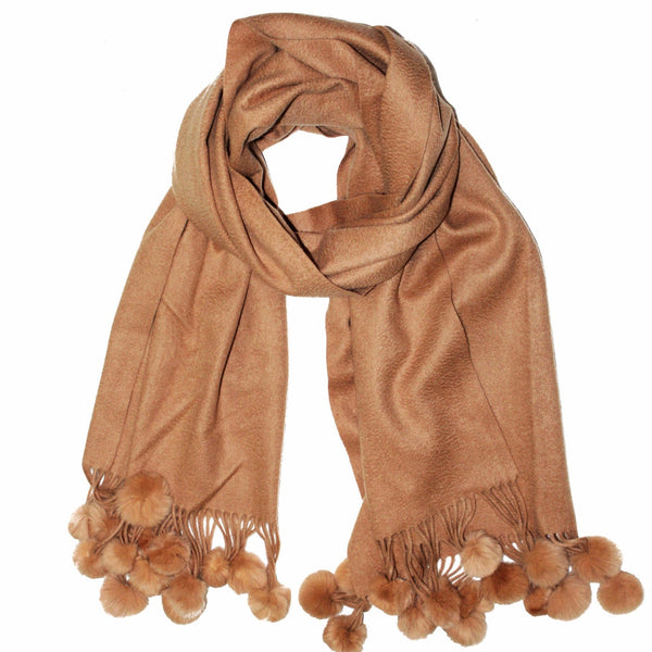 La Fiorentina Rabbit Fur Pom Pom Trim Wrap - Camel