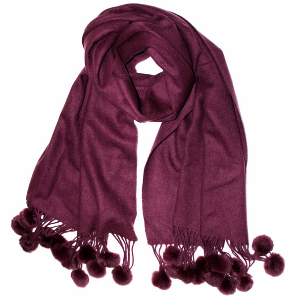 La Fiorentina Rabbit Fur Pom Pom Trim Wrap - Plum