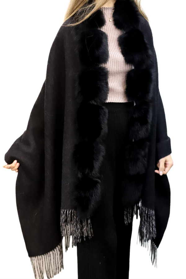 La Fiorentina La Fiorentina Reversible Two Tone Wool Wrap With Fox Trim - Black