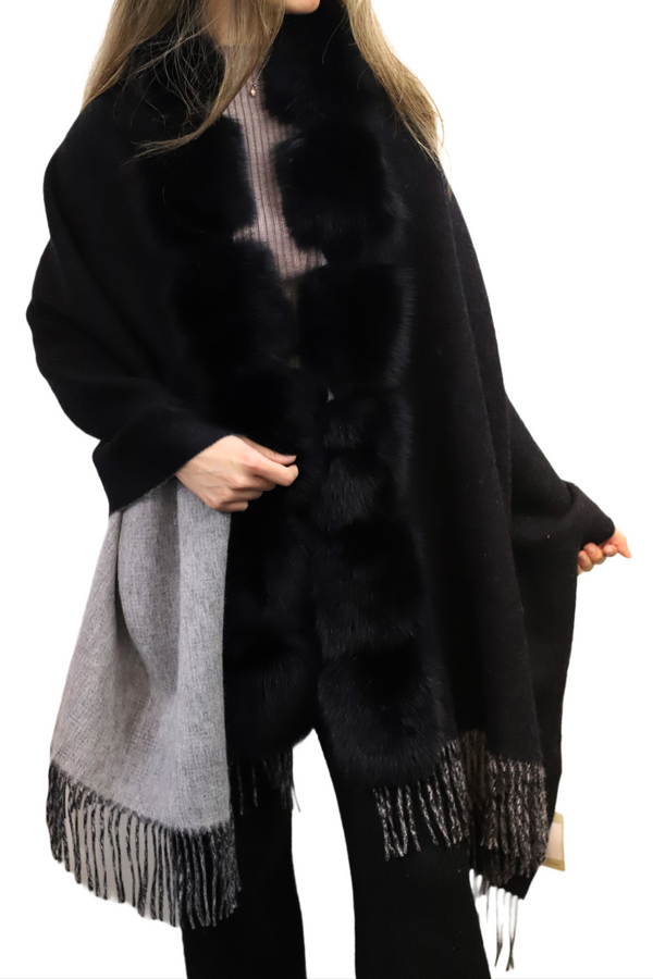 la fiorentina La Fiorentina Reversible Two Tone Wool Wrap with Fox Trim - Black