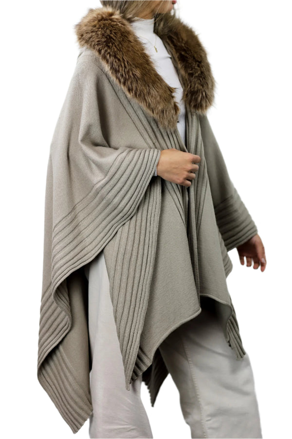 La Fiorentina La Fiorentina Ruana With Faux Trim Collar - Camel/Grey