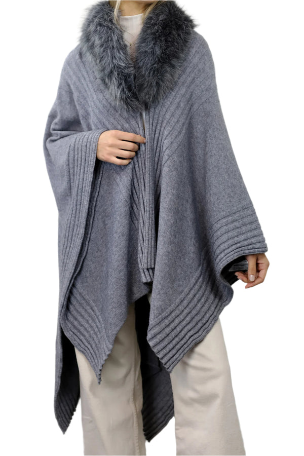 la fiorentina La Fiorentina Ruana with Faux Trim Collar - Camel/Grey