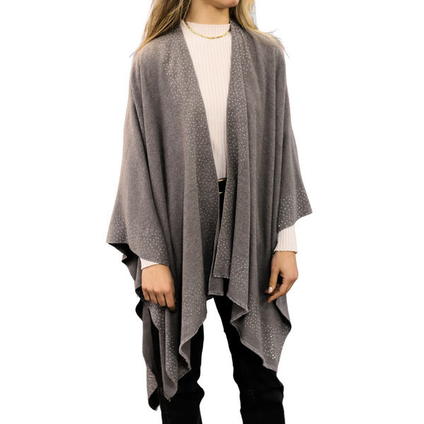 La Fiorentina La Fiorentina Ruana With Scattered Embellished Border - Grey