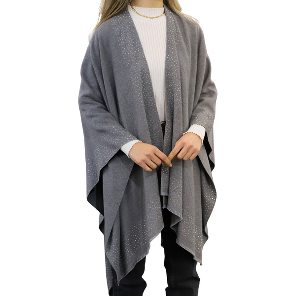 la fiorentina La Fiorentina Ruana with Scattered Embellished Border - Grey la fiorentina La Fiorentina Ruana with Scattered Embellished Border - Grey