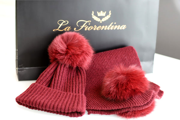 La Fiorentina La Fiorentina Scarf And Hat Set With Fox Fur Pom - Perfect Holiday Gift