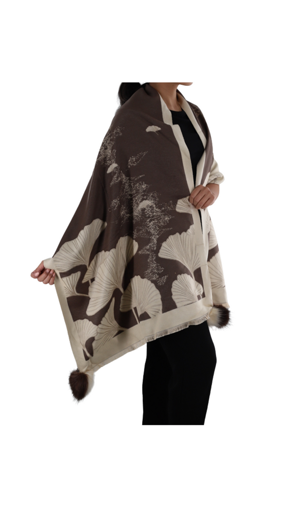 La Fiorentina Shell Print Wrap With Faux Pom-Poms