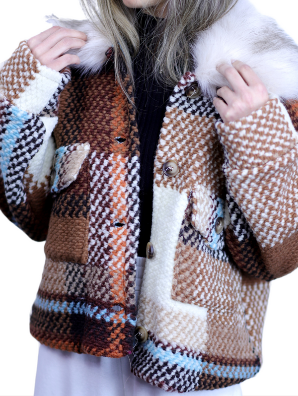 La Fiorentina La Fiorentina Short Plaid Wool Jacket W/ Faux Fur Trim- Brown/Ivory