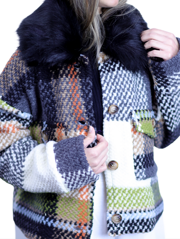 La Fiorentina La Fiorentina Short Plaid Wool Jacket W/ Faux Fur Trim- Ivory/Black