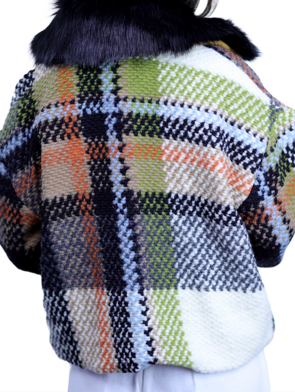 La Fiorentina La Fiorentina Short Plaid Wool Jacket W/ Faux Fur Trim- Ivory/Black