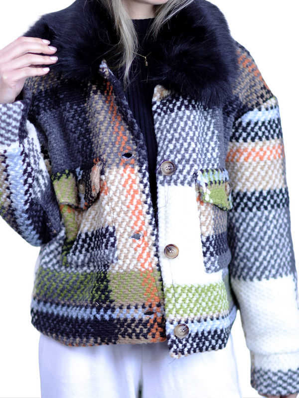 la fiorentina La Fiorentina Short Plaid Wool Jacket w/ Faux Fur Trim- Ivory/Black